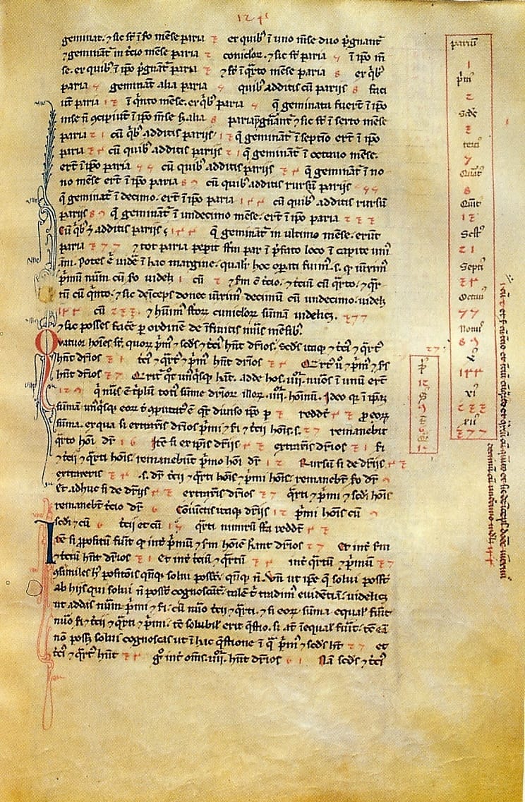 Een pagina uit Fibonacci's Liber Abaci uit 1202